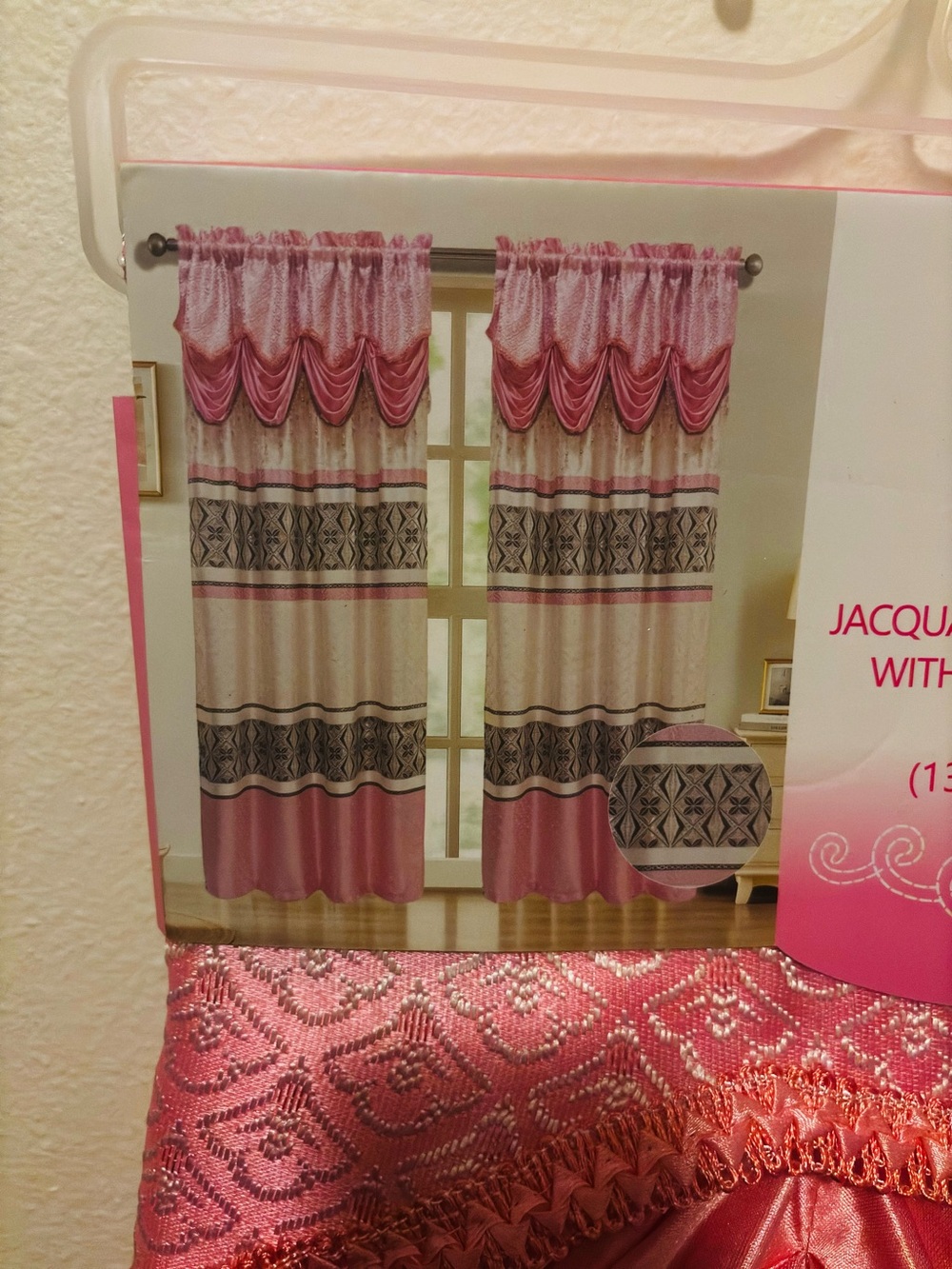 Pink Jacquard Window set Curtain Panels with Ornate Trim